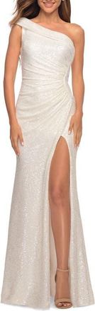 La Femme One Shoulder Gown in Elegant Soft Sequin Fabric in White at Nordstrom, Size 2