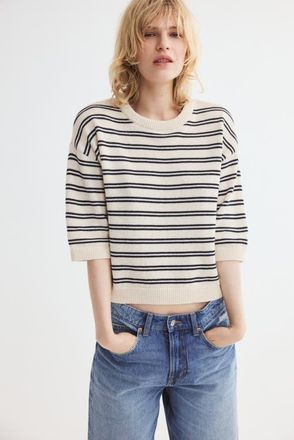 H&M Knitted T-shirt in Cream/striped at Nordstrom, Size X-Small