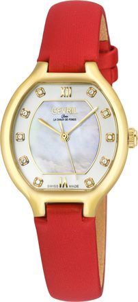 Gevril Group Womens Lugano Swiss Diamond Watch, White MOP Dial, 316L Stainless Steel IPYG Case, Geniune Italian leather red strap - One Size