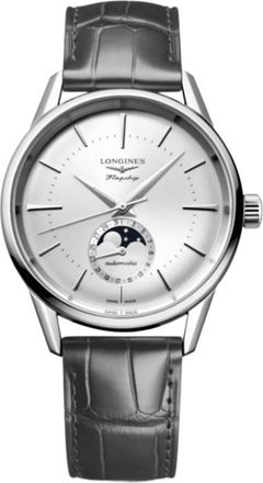 Longines Flagship Heritage Moonphase Automatic Silver Dial Grey Leather Strap Mens Watch L4.815.4.72.2