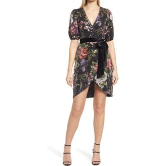 BTFL-life Floral Print Short Sleeve Sequin Dress in Black Multi at Nordstrom Rack, Size Small