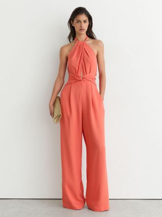 Reiss Coral Pink Twist-front Halterneck Wide-leg Jumpsuit, 14