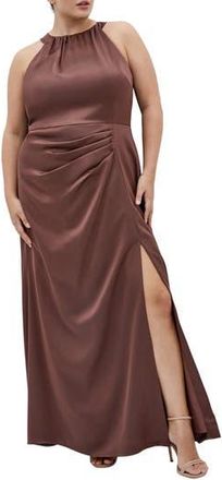 City Chic Celina Halter Neck Satin Maxi Dress in Rasin at Nordstrom Rack, Size Xxl/24W