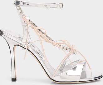 Jimmy Choo London 100mm Lula Metallic Leather Sandals with Crystal Bows