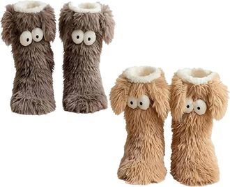 Generic Muffle Friends Cozy Socks, Womens Winter Fuzzy Non-Slip Slipper Socks with Cute Big Eyes, Ultra Soft Warm Home Socks (Gray+Coffee)