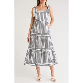 Ellen Tracy Tie Shoulder Cotton Tiered Sundress in Ecru Navy Stripe at Nordstrom Rack, Size X-Small