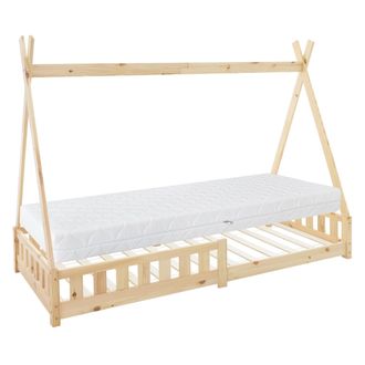 ML Design Ml-design Cama Infantil Tipi Natural 200x90 Cm Con Colch&oacute;n Hipoalerg&eacute;nico 16cm, Protecci&oacute;n Antica&iacute;da Y Somier, Cuna Juvenil De Madera Maciza De Pino P
