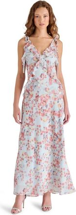 Steve Madden Adalina Maxi Dress Womens Iris Blue Floral Ruffle Trim PAL101