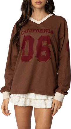 Edikted Cali 06 Oversize Long Sleeve Cotton Graphic Football T-Shirt in Brown at Nordstrom, Size Small