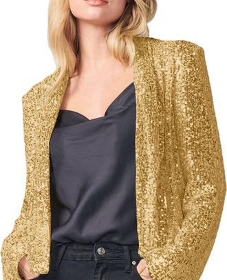 Generic Sequin Jackets For Women Shawl Lapel Open Front Sparkly Sequin Cardigans Dressy Spring Lightweight Sparkle Outerwear Smart Bling Suits Coats For Busin
