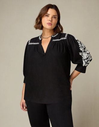 Live Unlimited London Womens Black Embroidered Relaxed Blouse - Size: 14
