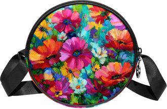 Generic Circle Crossbody Bag for Women, Flower Floral Small Sling Bag Daypack with Zipper Adjustable Shoulder Straps Casual Ladies Girls Round Purse