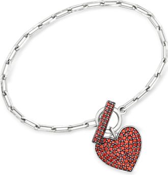 Ross-Simons Garnet Heart Paper Clip Link Toggle Bracelet in Sterling Silver