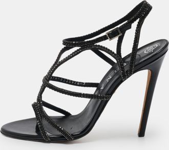 Gina Black Leather Crystal Embellished Ankle Strap Sandals