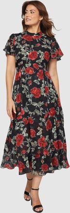 Wallis Floral Burn Out Ruffle Midi Dress in Black at Nordstrom, Size 10