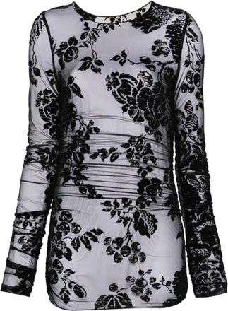 Pinko Pinko, Overhemden, Dames, Zwart, S, Bloemen Mesh Zwart Lang Mouw Shirt