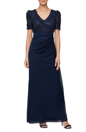 Alex Evenings Embellished Short Sleeve Empire Waist Gown in Navy at Nordstrom, Size 10P