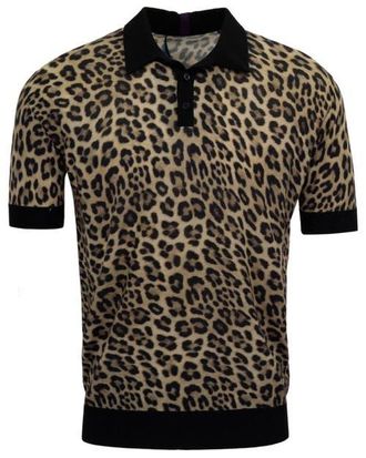 Lords of Harlech Leopard Mens Merino Silk Cashmere Polo in Leopard Brown at Nordstrom, Size X-Large