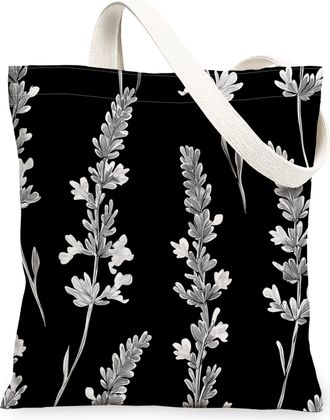 Generic Spring Lavender Flower Canvas Tote Bag for Shopping 13x15, Black Floral Wildflower Reusable Grocery Print Bag for Women, Aesthetic Retro Beach Aesthet