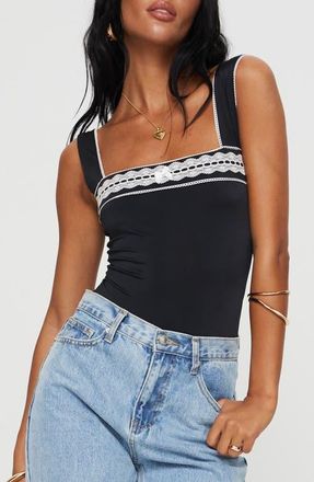 Princess Polly Keating Contrast Lace Trim Bodysuit in Black at Nordstrom, Size 12