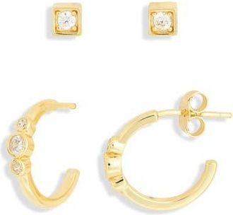 Argento Vivo Set of 2 Cubic Zirconia Stud & Huggie Hoop Earrings in Gold at Nordstrom Rack