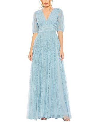 Mac Duggal V Neck Puff Sleeve Ruffle Tiered Mesh A Line Gown
