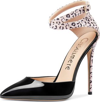Castamere Womens Fashion Sandals Ankle Strap High Heels Pointed Toe Stilettos 4.7IN Pumps Shoes Black Leopard Shoes UK 6.5