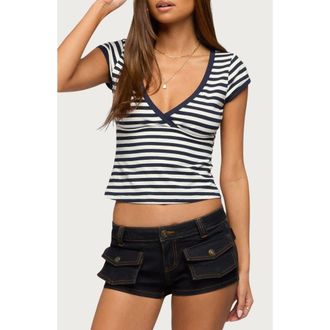 Edikted Laia Stripe V-Neck T-Shirt in Navy-And-White at Nordstrom, Size X-Small