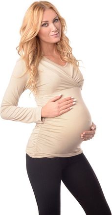 Purpless Maternity 2in1 Top Shirt Blouse for Pregnant and Breastfeeding Woman 7014 (14, Beige)