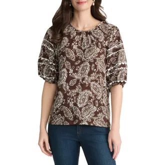 Jones New York Scalloped Trim Puff Sleeve Stretch Cotton Top in Fudge/White Sand Multi at Nordstrom, Size X-Large P