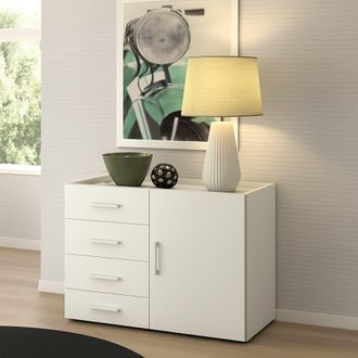 Dmora Aparador Violetta, Buffet Con 1 Puerta Y 4 Cajones, Aparador De Sal&oacute;n, Mueble Multiusos Con Baldas, 100% Made In Italy, Cm 90x41h87, Blanco, Con Embal