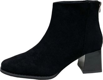 Generic Womens Mid Calf Boots Chunky Heel Ankle Booties Square Toe Slip On Fashion Boots with Rear Zipper for Fall Winter Casual Dress Office Wear(Black, 5.5)
