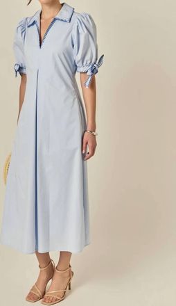 English Factory Embroidered Puff Sleeve Midi Dress In Coastal Blue
