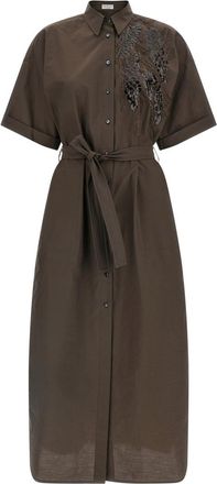 Brunello Cucinelli Brown Shirt Collar Midi Dress