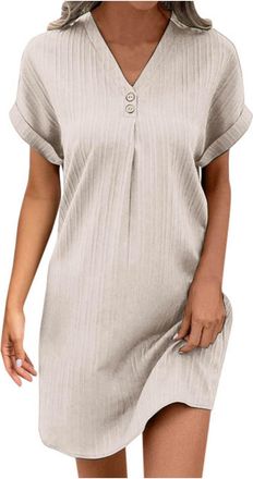 Generic Deals of The Day Sale Prime Summer Dresses for Women UK Fashion Solid Color Button Mini Dress Casual V Neck Short Dress Loose Fit Short Sleeve Sport D