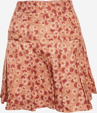 Sandro Orange Floral And Polka Dot Print Twill Pleated Skort