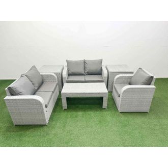Fimous High Back Poly Rattan Garden Furniture Set with Reclining Chair Loveseat Sofa Oblong Coffee Table Indoor Outdoor Patio Set 2 Stool Light Grey - Fimous