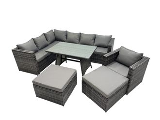 Fimous 9-seater Outdoor PE Rattan Sofa Set with with Chair 2 Big Stools in Dark Grey