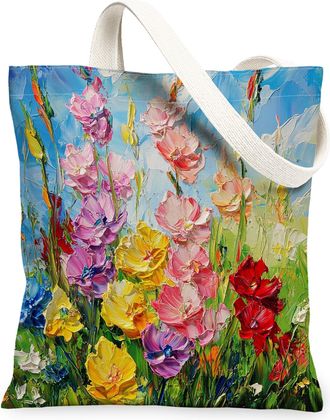 Generic Spring Oli Painting Gladiolus Canvas Tote Bag for Shopping 13x15, Floral Wildflower Garden Reusable Grocery Print Bag for Women, Flower Scene Beach Ae