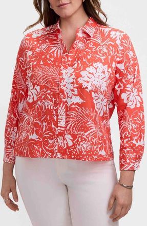 Foxcroft Jodie Floral Print Crop Shirt in Peachy Orange/White at Nordstrom, Size 2 X