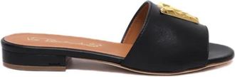 Via Roma 15 Zwarte leren platte schoenen met Voro - Dames - Sandalen - Zwart - 39 EU - Leer - Schoenen