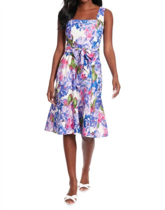 London Times Carmella Floral Linen Dress In Ivory/lilac