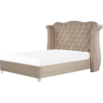 Beliani Beliani - Cama Con Somier De Terciopelo Gris Pardo 180 X 200 Cm Cabecero Capiton&eacute; Ayette