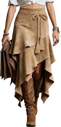 Generic Suede Long Skirt with Asymmetrical Ruffle Hem Ladies Vintage Cowgirls High Waisted Flowy Irregular Midi Skirt
