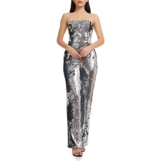 Dress The Population Andy Sequin Strapless Jumpsuit in Silver at Nordstrom, Size Medium