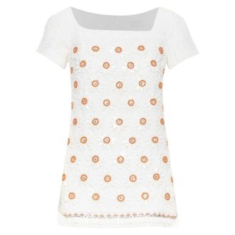Moschino white cloque cotton orange bead crystal floral embellished top IT38