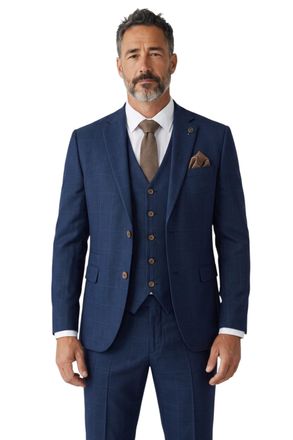 TruClothing Mens Blue Grey Check 3 Piece Tailored Fit Suit - IM53