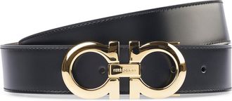 Ferragamo Black Leather Belt with Polished Gold-Tone Buckle