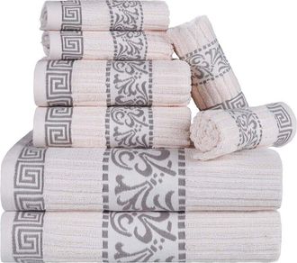 Superior Athens Cotton 8Pc Towel Set With Greek Scroll & Floral Pattern
