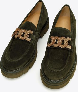 Wittchen Dames Su&egrave;de Loafers met Decoratieve Ketting op Platform Donkergroen